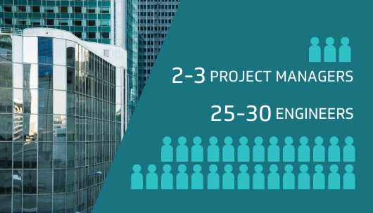 2-3 project managers, 25-30 engineers