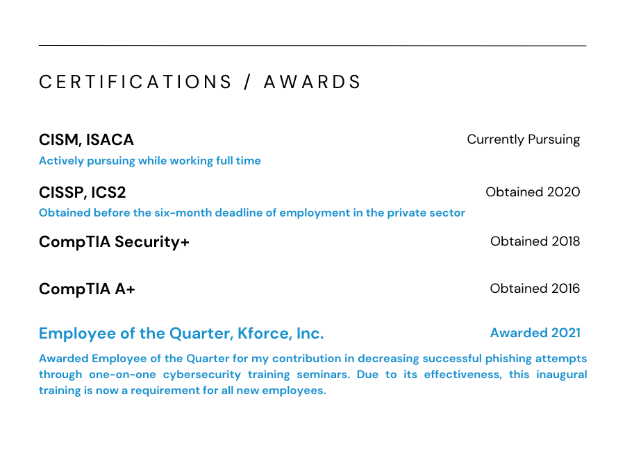 updated certifications and awards